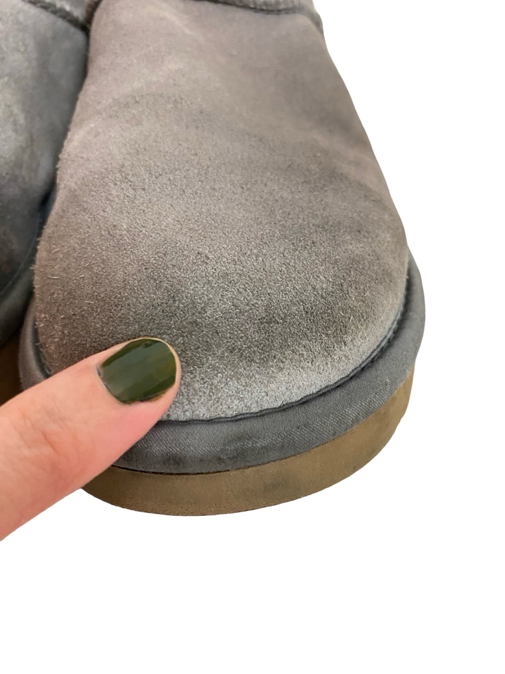 Ugg Boot Bootie Womens Size 6 Suede Shoe Gray Slide On Neutral Rhinestone Logo - Picture 6 of 12